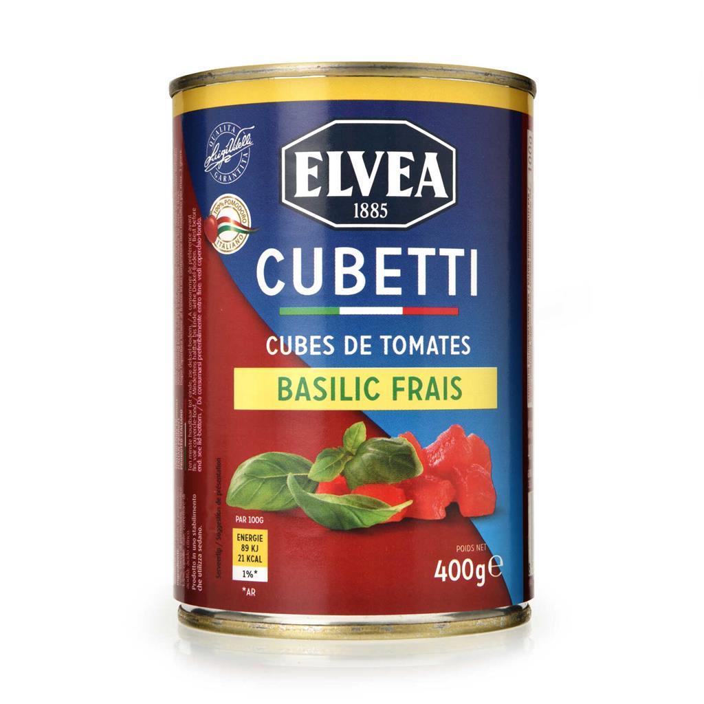 Tomates pelées/basilic en cubes "Elvea" 400g